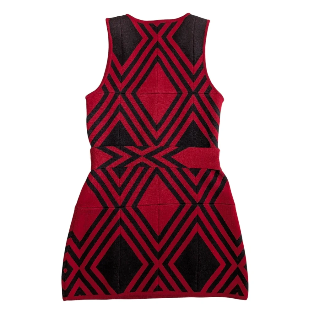 Alice + Olivia Geometric Wool Sweater Dress | Red Black | Belted Waist | Size M - Picture 3 of 9